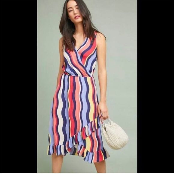 Plenty by Tracey Reese Daphne Wavy Striped Faux Wrap Ruffle Midi Dress - Picture 1 of 8